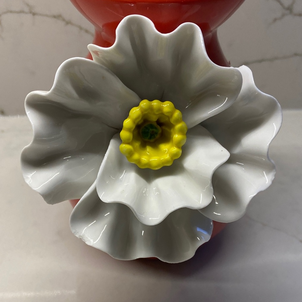 Anthropologie • Red Orange Ceramic Vase • 3D Poppy Bloom White Flower • 6” high - Picture 5 of 5